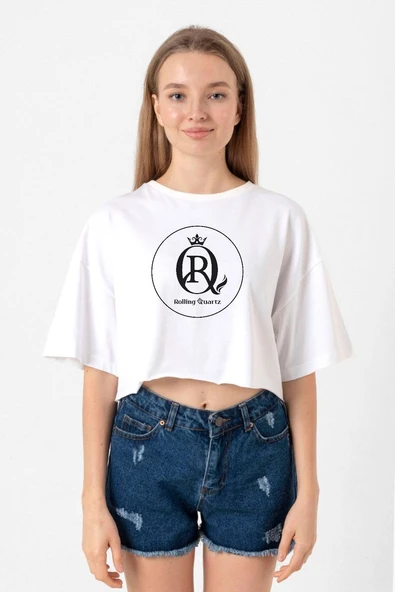 Rolling Quartz Logo Beyaz Kadın Crop Tshirt ürün görseli 1