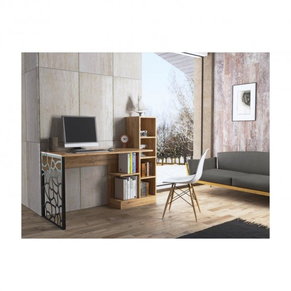 Woodn Love Elektra Kitaplıklı Metal Ayaklı Çalışma Masası - Atlantik Çam  / Siyah ürün görseli 1
