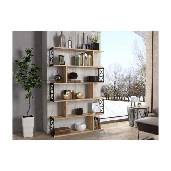 Wood'n Love Zambak 5 Raflı Altıgen Desen Kitaplık - Atlantik Çam / Siyah ürün görseli 1
