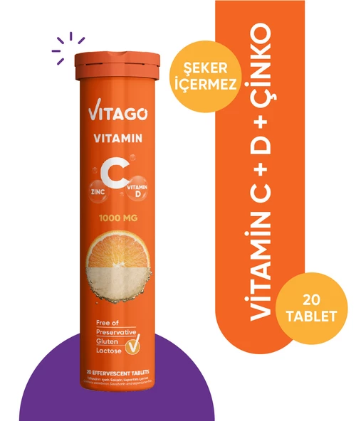 Vitago C Vitamini, D Vitamini, Çinko İçeren 20li Efervesan Tablet ürün görseli 1