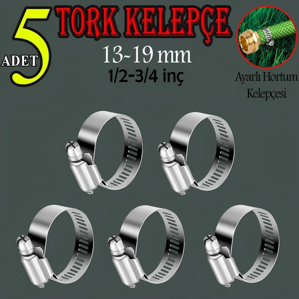 Hortum Kelepçesi Tork Ayarlı 13x19 mm Paslanmaz Çelik Boru Metal Kelepçe Ayarlanabilir klips 5 ADET ürün görseli 1