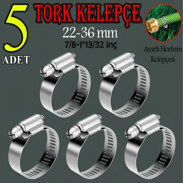 Hortum Kelepçesi Tork Ayarlı 22x36 mm Paslanmaz Çelik Boru Metal Kelepçe Ayarlanabilir klips 5 ADET ürün görseli 1