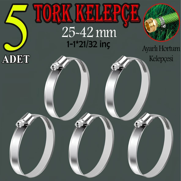 Hortum Kelepçesi Tork Ayarlı 25x42 mm Paslanmaz Çelik Boru Metal Kelepçe Ayarlanabilir klips  5 ADET ürün görseli 1