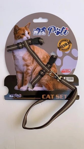 Pati Yavru Köpek ve Kedi Gezdirme Takım Tasması (Ayarlanabilir) Kahve-Krem Çizgili ürün görseli 1
