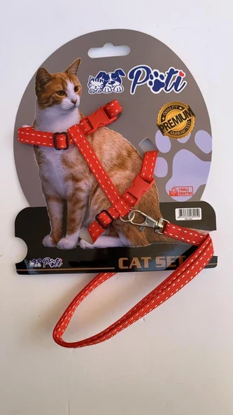 Pati Yavru Köpek ve Kedi Gezdirme Takım Tasması (Ayarlanabilir) Kırmızı Çizgili ürün görseli 1