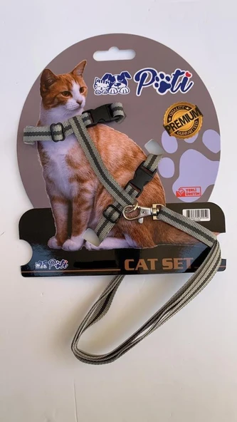Pati Yavru Köpek ve Kedi Gezdirme Takım Tasması (Ayarlanabilir) Krem-Gri ürün görseli 1