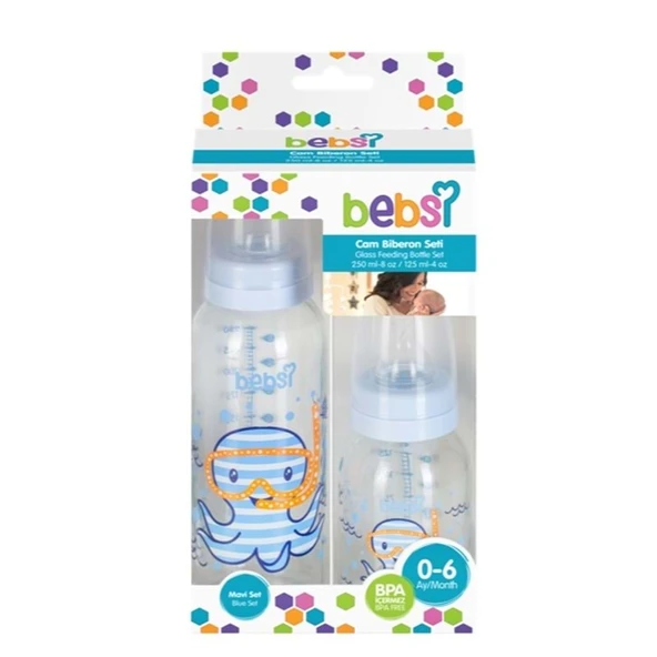 Bebsi Cam Biberon Seti Mavi (250ML+125ML) (3 Lü Set) - Resim 2