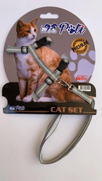 Pati Yavru Köpek ve Kedi Gezdirme Takım Tasması (Ayarlanabilir) Gri-Krem ürün görseli 1