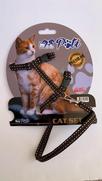 Pati Yavru Köpek ve Kedi Gezdirme Takım Tasması (Ayarlanabilir) Kahverengi Çizgli ürün görseli 1