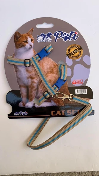 Pati Yavru Köpek ve Kedi Gezdirme Takım Tasması (Ayarlanabilir) Krem-Turkuaz ürün görseli 1