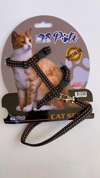 Pati Yavru Köpek ve Kedi Gezdirme Takım Tasması (Ayarlanabilir) Kahverengi-Noktalı ürün görseli 1
