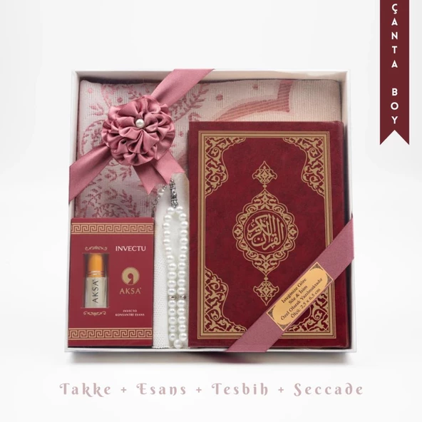 Takke + Esans + Tesbih + Seccade + Kuran Hediye Seti (Çanta Boy, Bordo) ürün görseli 1