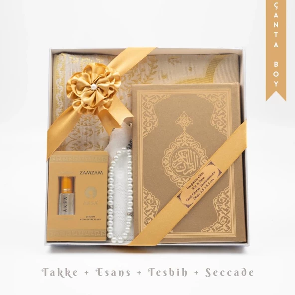Takke + Esans + Tesbih + Seccade + Kuran Hediye Seti (Çanta Boy, Gold) ürün görseli 1