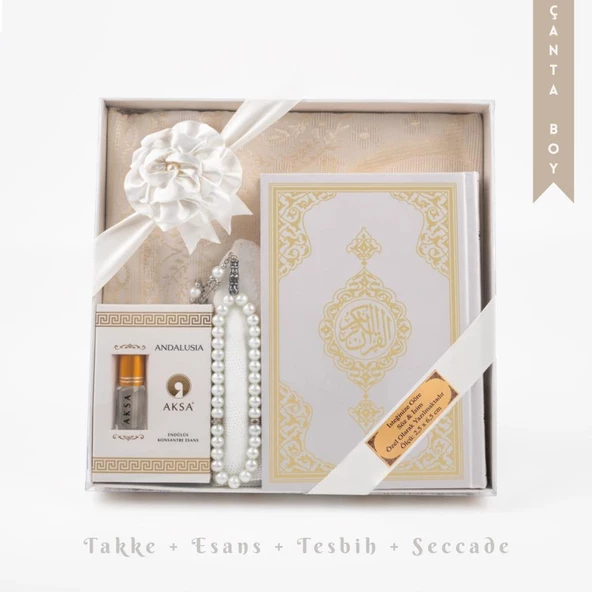 Takke + Esans + Tesbih + Seccade + Kuran Hediye Seti (Çanta Boy, Beyaz) ürün görseli 1