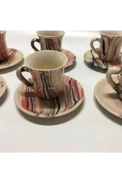 El Yapımı 6 Lı Seramik Rengarenk Ebruli Desen Kahve Fincanı Takımı ürün görseli 1
