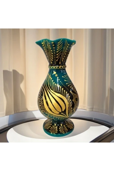 Turkuaz Çini 25 cm Marul Altın Yaldızlı Desenli Vazo ürün görseli 1