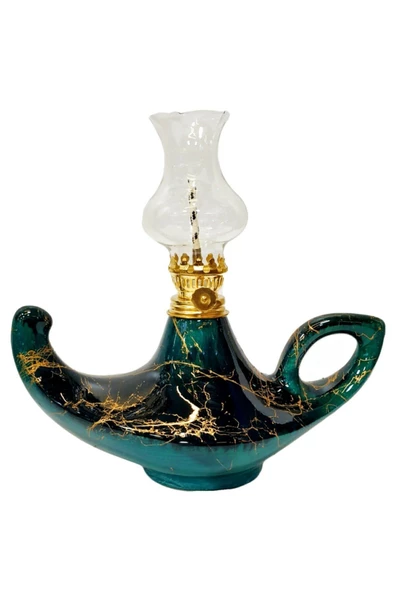 EGE Mermer Desenli Siyah/zümrüt Yeşil El Yapımı Kütahya Çinisi Gaz Lambası Büyük Aladdin Gaz Lambası ürün görseli 1