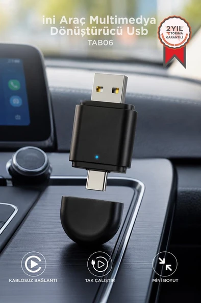 Mini Araç Multimedya Dönüştürücü Adaptör Usb Type-C Uyumlu 2IN1 Kablosuz Carplay TAB06 ürün görseli 1