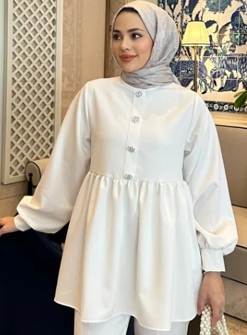 Saadet Deign Özel Taşlı Düğmeli Tunik Beyaz - Resim 2