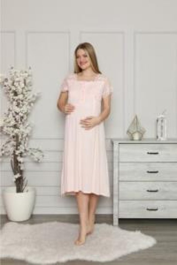 LİMİSSİ 1208 Pembe Hamile Lohusa Dantelli Gecelik ürün görseli 1
