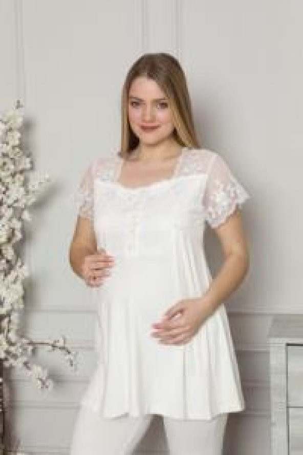 LİMİSSİ 2208 Ecru Hamile Lohusa Dantelli Pijama Tk ürün görseli 1