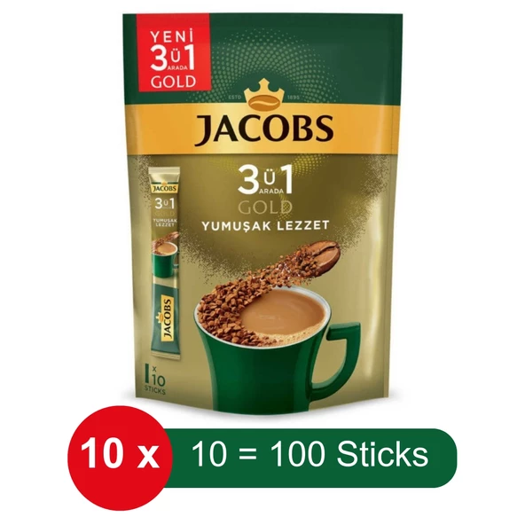 Jacobs 3 ü 1 Arada Gold Yumuşak Lezzet Hazır Kahve – 10 lu Paket x 10 Adet ürün görseli 1