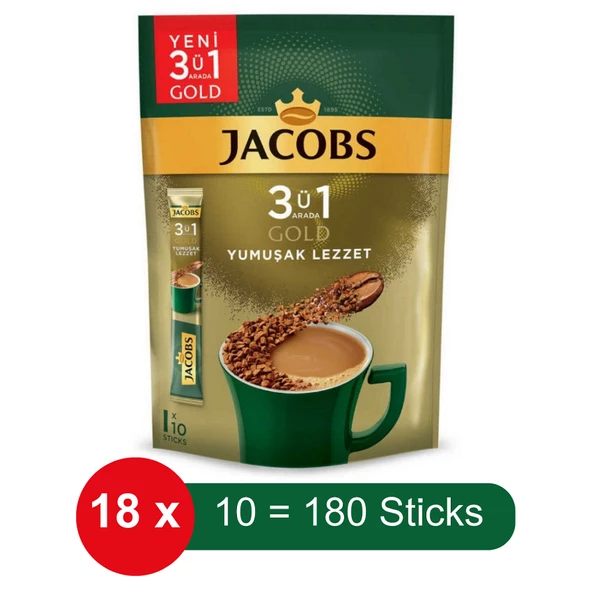 Jacobs 3 ü 1 Arada Gold Yumuşak Lezzet Hazır Kahve – 10 lu Paket x 18 Adet ürün görseli 1