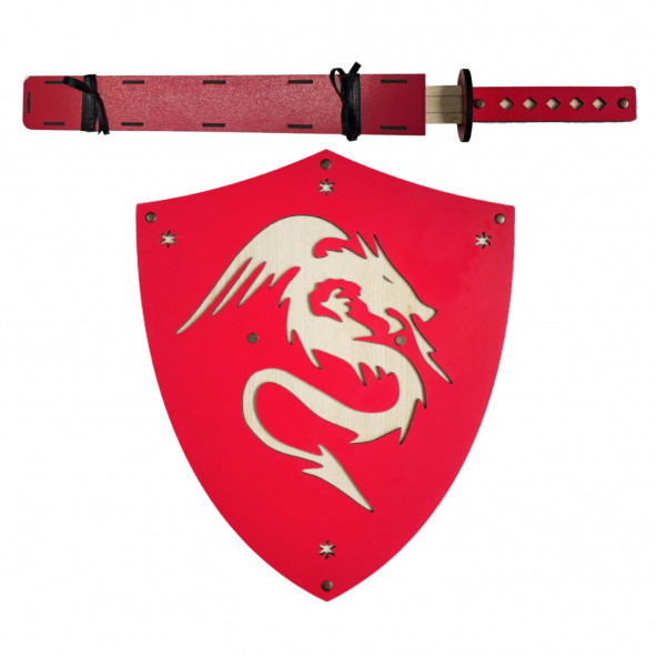 Ahşap Japon Samuray-Ninja Kalkanı ve Katana Kılıcı, Kırmızı ürün görseli 1