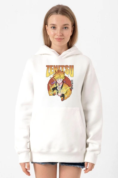 Demon Slayer Anime Zenitsu Poster Beyaz Kadın 3ip Kapşonlu Sweatshirt ürün görseli 1