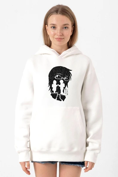 Erased Anime Black White Silhoette Beyaz Kadın 3ip Kapşonlu Sweatshirt ürün görseli 1
