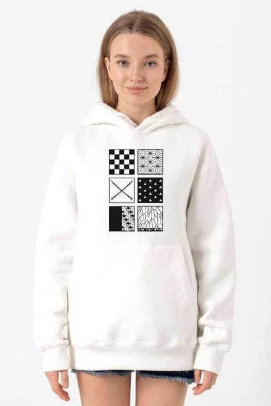 Demon Slayer Anime Patterns Beyaz Kadın 3ip Kapşonlu Sweatshirt ürün görseli 1