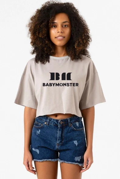 Babymonster Logo Taş Rengi Kadın Crop Kapşonlu ürün görseli 1