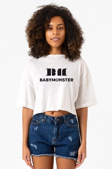 Babymonster Logo Beyaz Kırçıllı Kadın Crop Tshirt ürün görseli 1