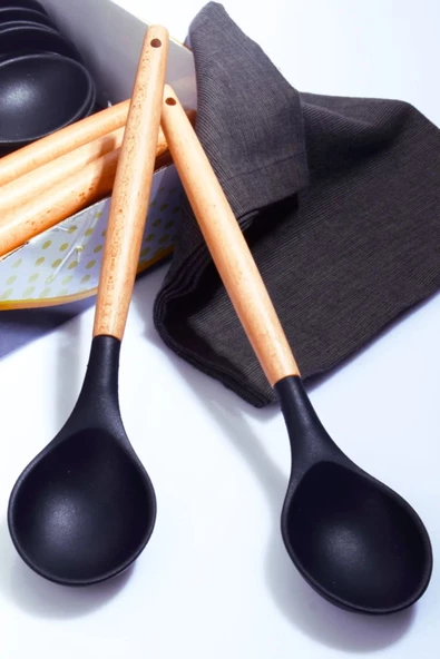 Bambu Saplı Silikon Kaşık Siyah 2 Adet ürün görseli 1