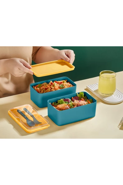 Mega Boy 2 Katlı Yemek Saklama Kabı 2 Litre - Kendinden Çatal Kaşık Servisli Lunch Box Set ürün görseli 1
