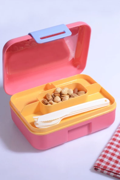 Kendinden Kaşıklı 5 Bölmeli 2 Katlı Beslenme Kutusu Pembe ürün görseli 1