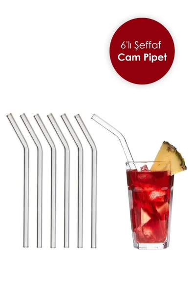 6 Adet Şeffaf Cam Eğimli Pipet - Cam Pipet 6'lı ürün görseli 1