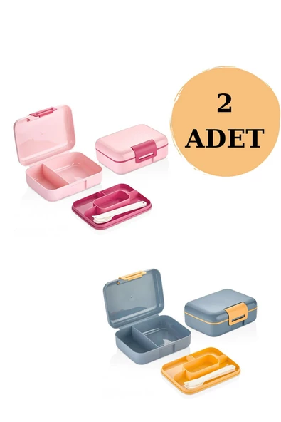 2'li Kendinden Kaşıklı 5 Bölmeli 2 Katlı Beslenme Kutusu Pembe-Mavi ürün görseli 1