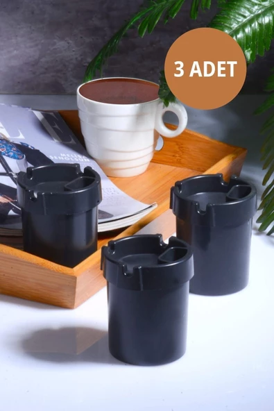 3 Adet Koku Yapmaz Çakmaklık Hazneli Siyah Plastik Küllük Oto Kül Tablası Kül Tabağı ürün görseli 1