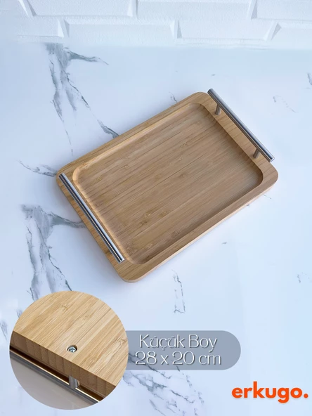 Küçük Boy Bambu Tepsi,  Metal Kulplu Tepsi, Kulplu Tepsi, Servis Tepsisi (28 x 20 cm) ürün görseli 1