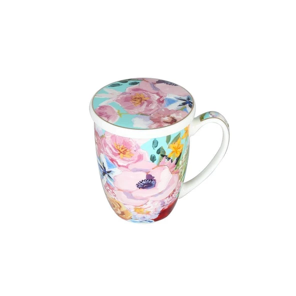 Lucky Art Peony Desenli Bone China Porselen Kapaklı ve Süzegçli Kupa 570 ml ürün görseli 1