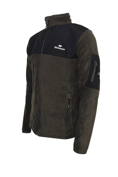 Erkek Regular Fit Fermuarlı Cepli Battal Büyük Beden Polar Haki Sweatshirt ürün görseli 1