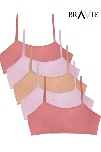 Bravie İp Askılı Yumuşak Süngerli Kız Çocuk Pamuk Büstiyer 5'li Paket 2 Pembe-2 Toz Pembe-1 Somon ürün görseli 1