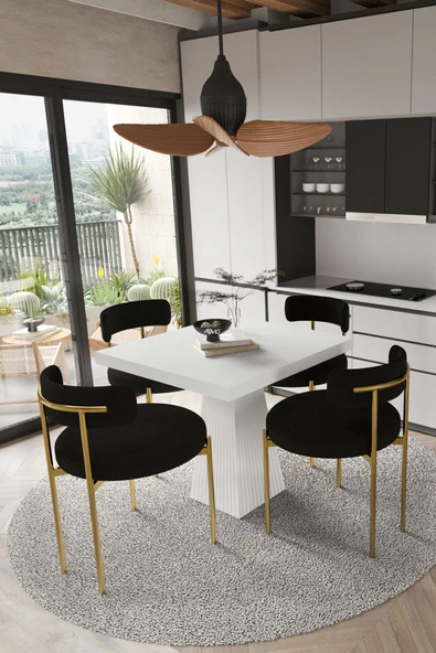 AVVİO ARONA  Beyaz Lake MDF Ayak  90x90 Yemek Masası Mutfak Masası 4 Kişilik Masa Takımı Teddy Sandalye ürün görseli 1