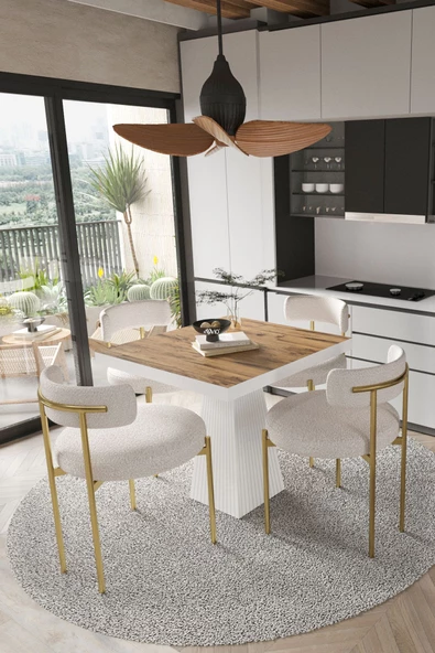 AVVİO ARONA  Beyaz Lake MDF Ayak  90x90 Yemek Masası Mutfak Masası 4 Kişilik Masa Takımı Teddy Sandalye ürün görseli 1