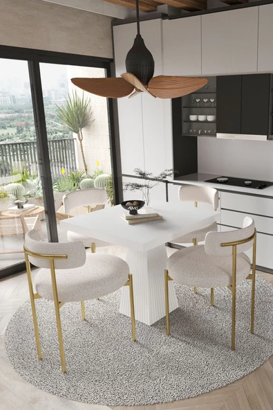 AVVİO ARONA  Beyaz Lake MDF Ayak  90x90 Yemek Masası Mutfak Masası 4 Kişilik Masa Takımı Teddy Sandalye ürün görseli 1