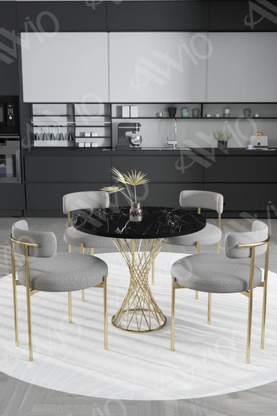 AVVİO Tiny MAT GOLD Teddy Sandalye 90x90 Yuvarlak Yemek Masası Mutfak Masası  Masa Sandalye Takımı ürün görseli 1