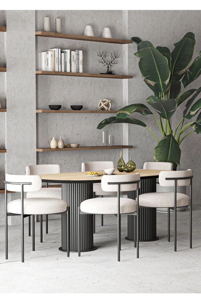 AVVİO Mina Teddy Sandalye 6'lı Ptt Ayak 80x140 Oval Yemek Masası Mutfak Masası Masa Sandalye Takımı ürün görseli 1