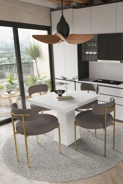 AVVİO ARONA  Beyaz Lake MDF Ayak  90x90 Yemek Masası Mutfak Masası 4 Kişilik Masa Takımı Teddy Sandalye ürün görseli 1