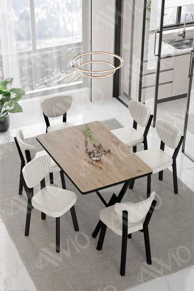 AVVİO DORA  ELMA Sandalye 80x140 Yemek Masası Mutfak Masası 6 Kişilik Masa Sandalye Takım ürün görseli 1